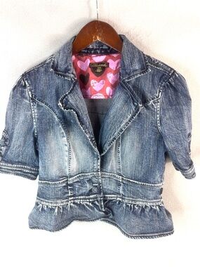 Akademiks M Feminine Sequins Red Heart Denim Jean Jacket